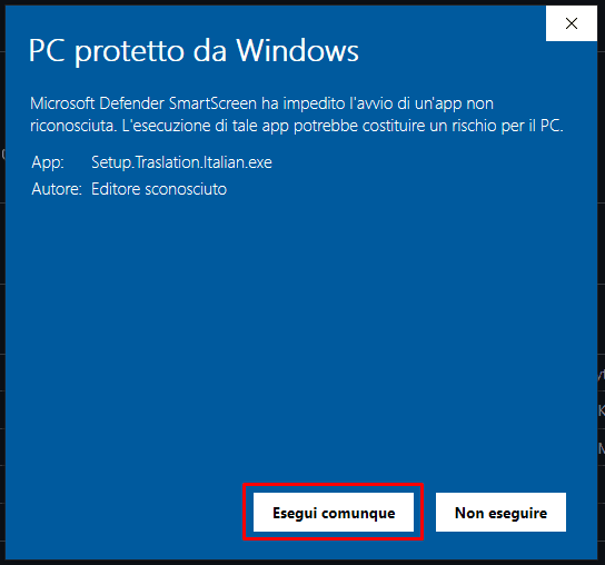 Avviso di Windows SmartScreen: il pulsante «Esegui comunque»